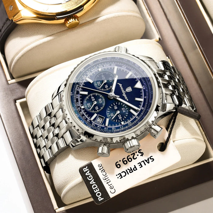 POEDAGAR Herren Uhr – Edelstahl-Quarzuhr mit Chronograph