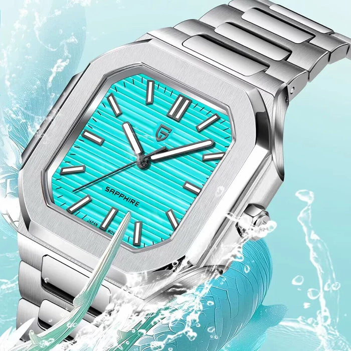 Herrenuhr mit Edelstahlarmband, quadratisches Gehäuse, Blau