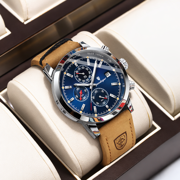 POEDAGAR Herren Uhr – Quarzuhr mit Lederarmband und Chronograph