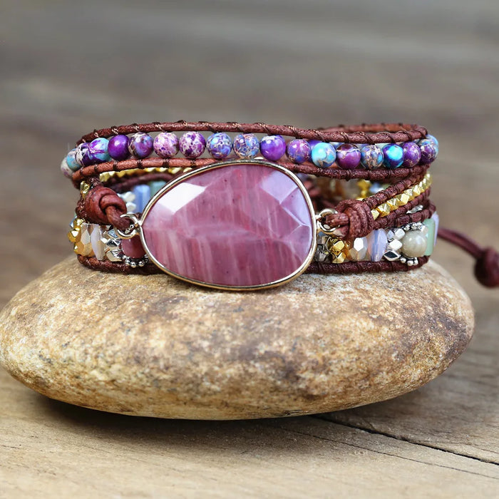 Leder Wickelarmband Pink, Lila & Gold – Damen Armband mit Steinchen