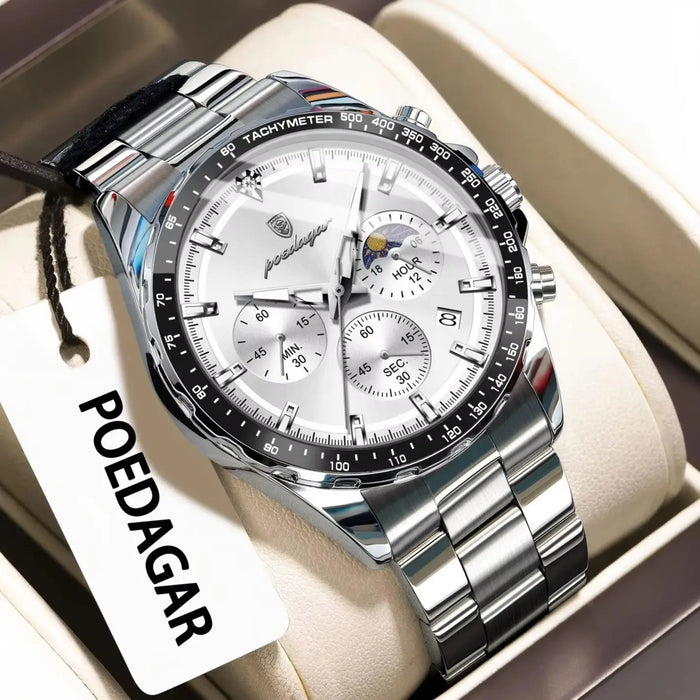 POEDAGAR Herren Uhr – Edelstahl-Quarzuhr mit Chronograph