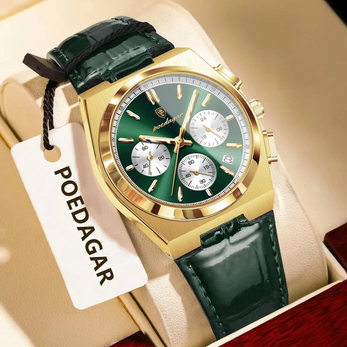 POEDAGAR Herren Uhr – Quarzuhr mit Lederarmband und Chronograph