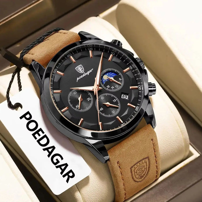 POEDAGAR Herren Uhr – Quarzuhr mit Lederarmband und Chronograph